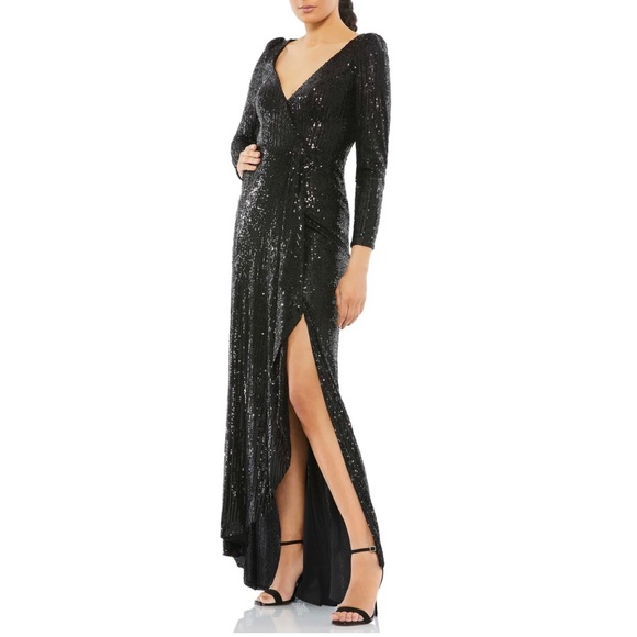 Ieena Mac Duggal Black Sequins Long Sleeves Wrap Evening Gown - Reemoly